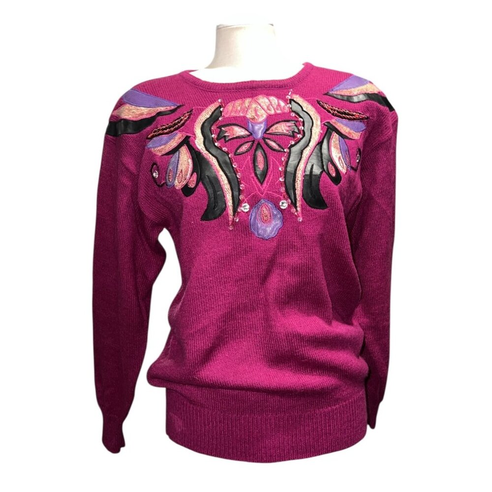 Vintage 80's Sweater by Regency Collection for Joyce Sz Large Womens Purple Embe